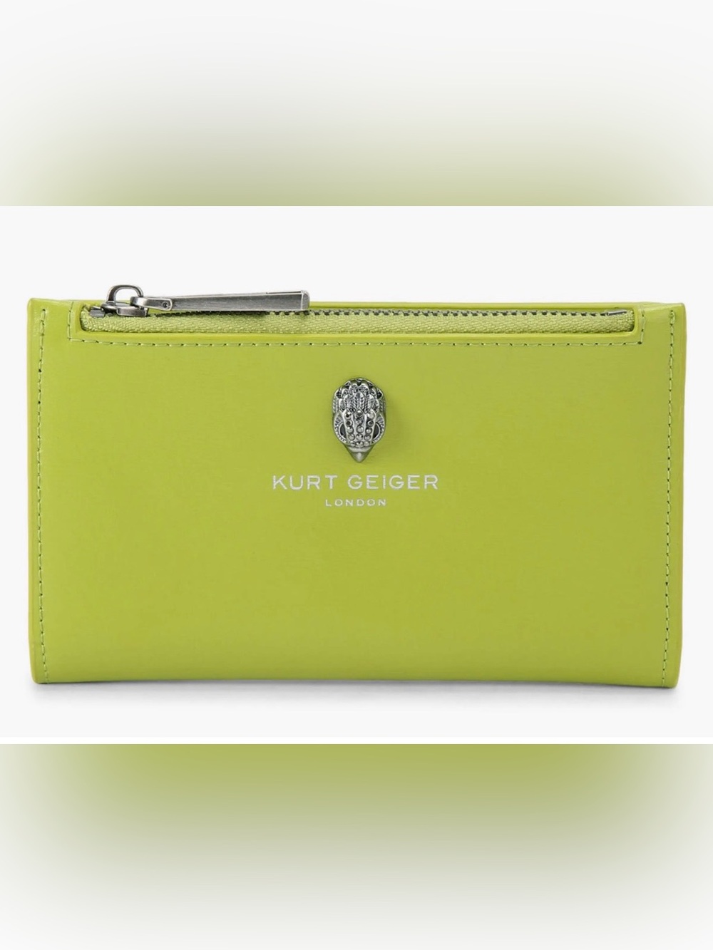 NWT “Kurt Geiger” Bond Leather Bifold Wallet in Lime. Interior pocket-5-card-ID.